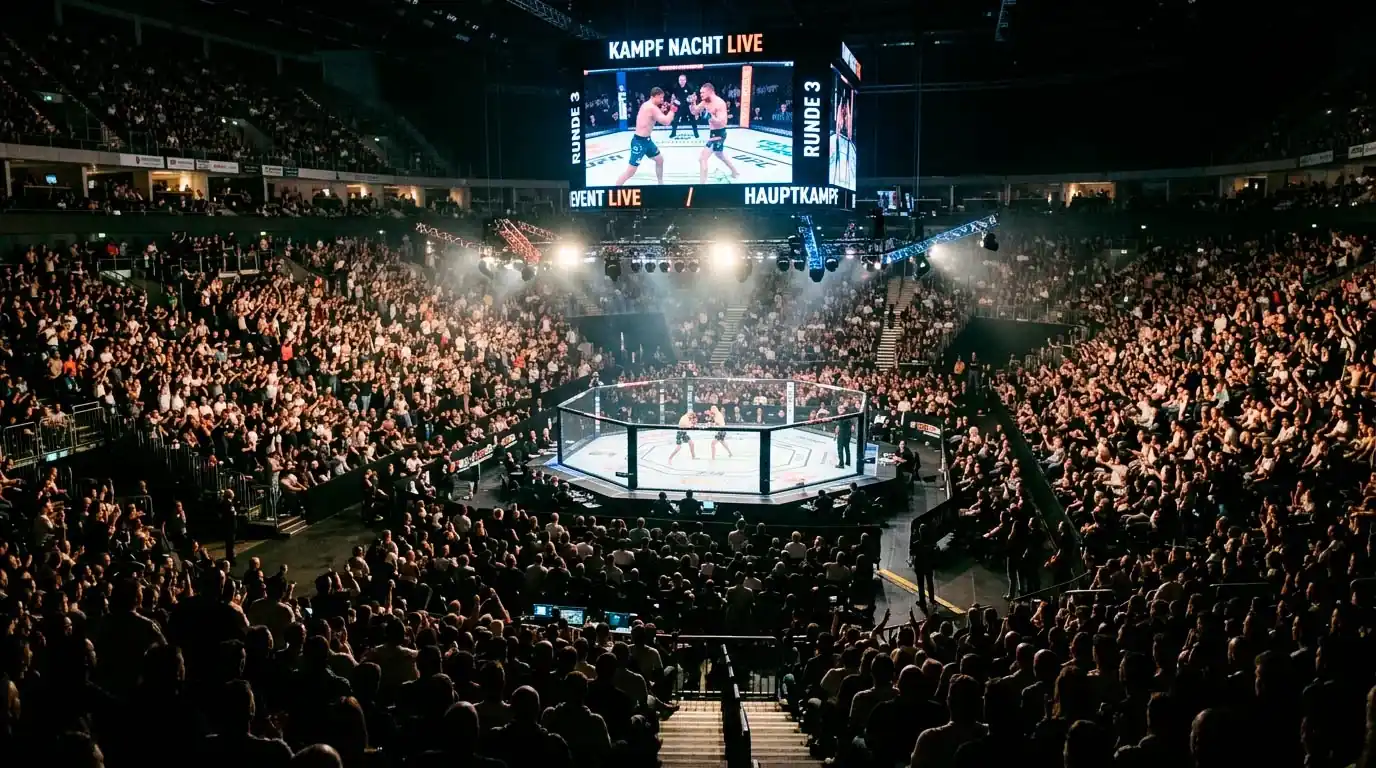 Begeisterte Zuschauer bei einem UFC-Kampfabend in einer beleuchteten Arena